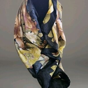 Vgt Silk Feel Womens Scarf Black, Green & Copper Flowers 30"×30"